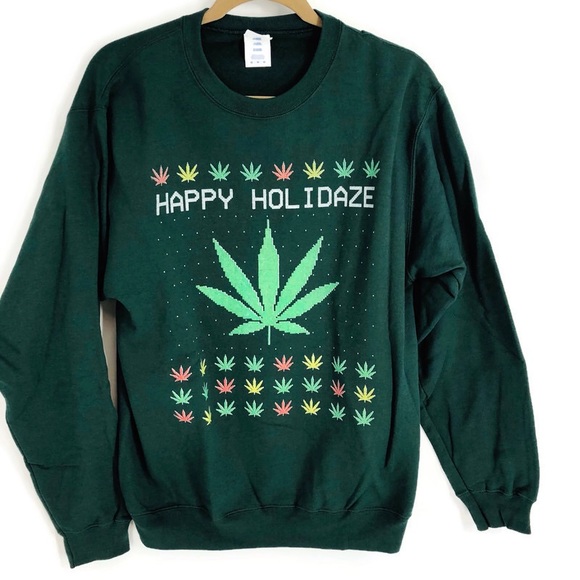 Men's Holidaze Pot Leaf Ugly Christmas Holiday Sweatshirt Medium - Picture 3 of 8